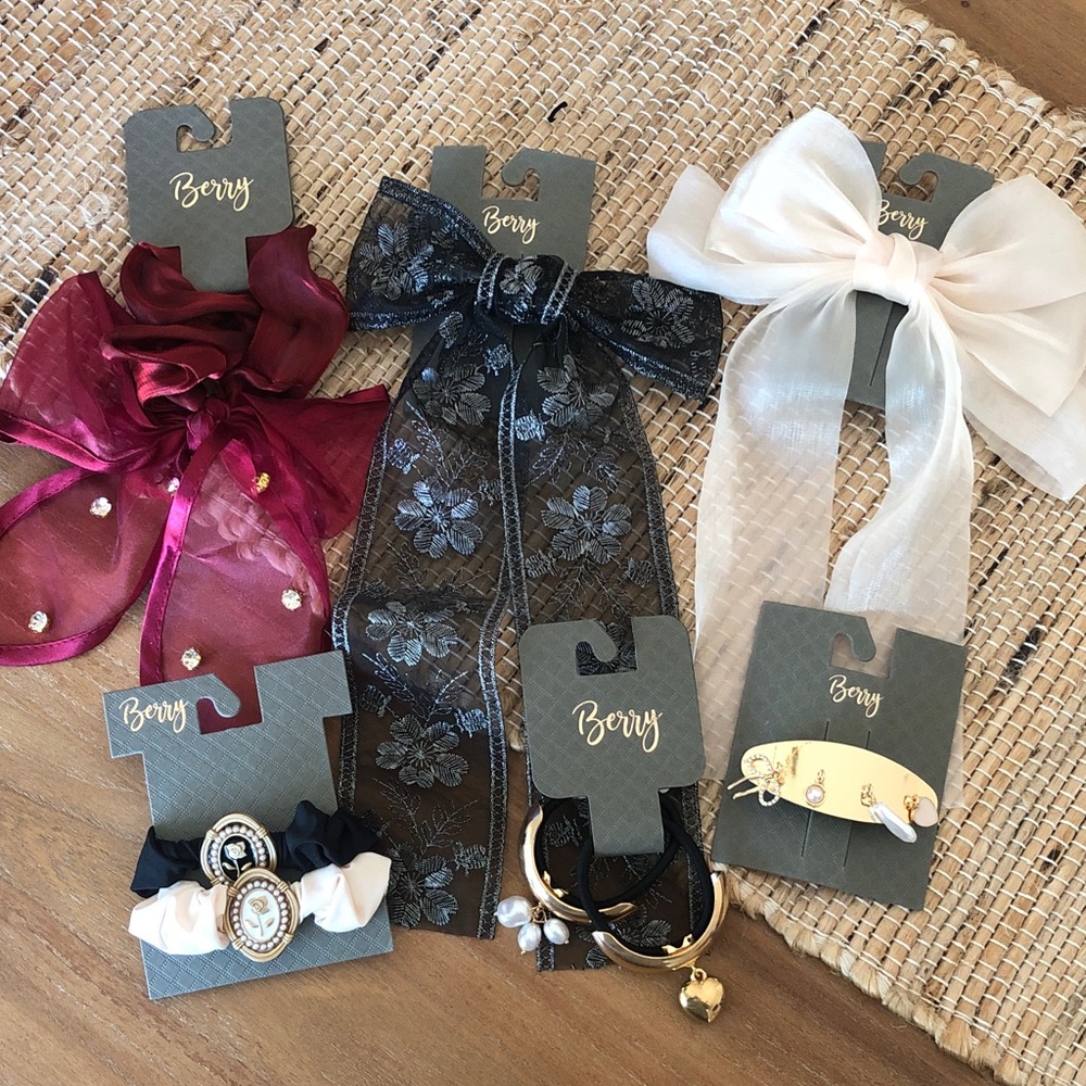 Berry Hair Bow & Accessory Set - Burgundy, Black, Ivory